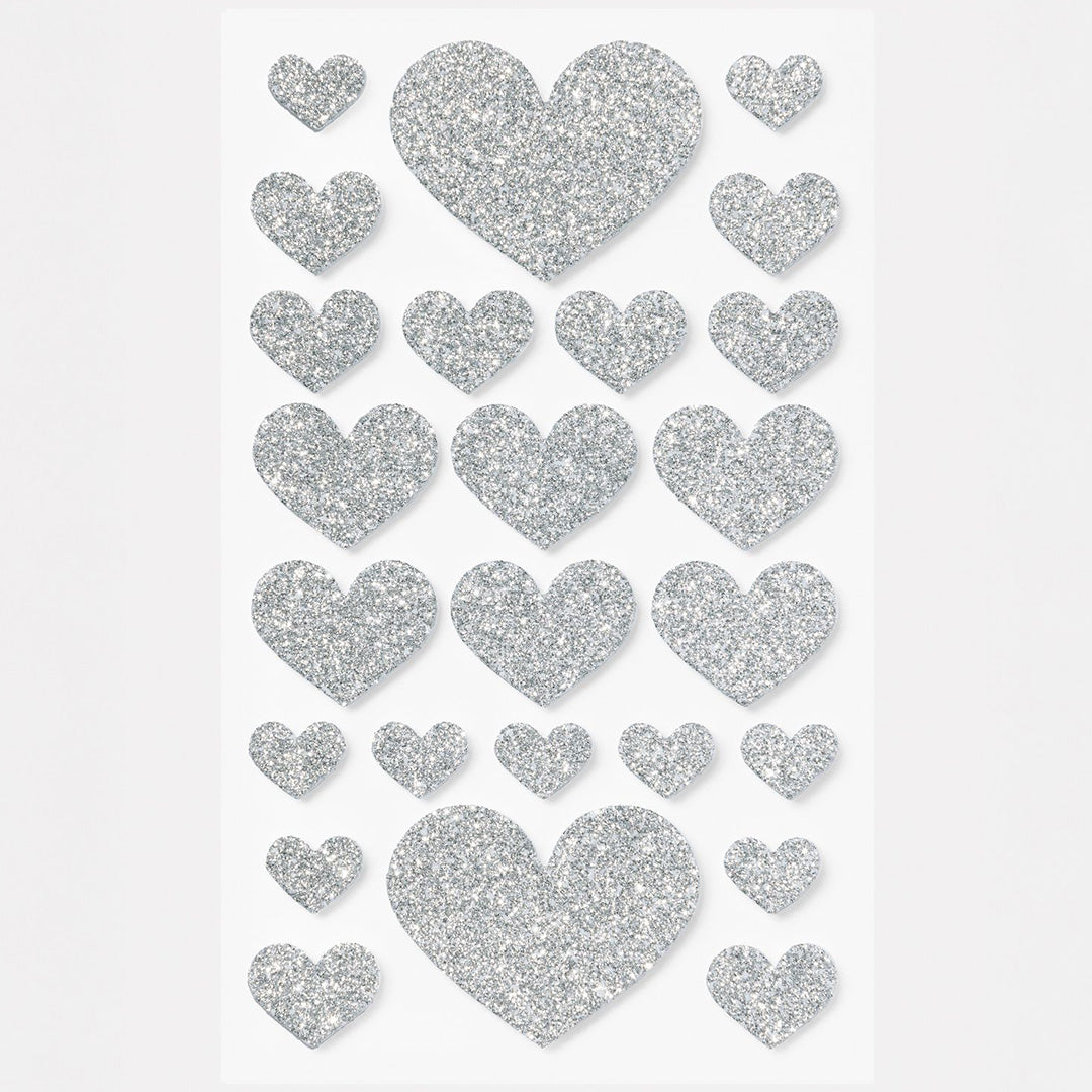 Collectie Folia zilveren glitter hartjes stickers van verschillende formaten.