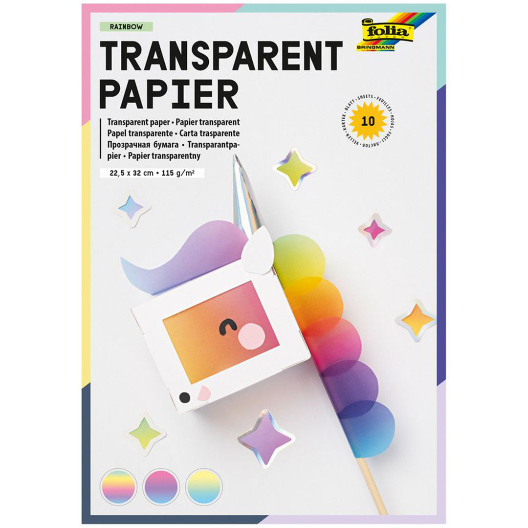 Verpakking van folia transparant papier met een eenhoorn knutselwerk en sterren.