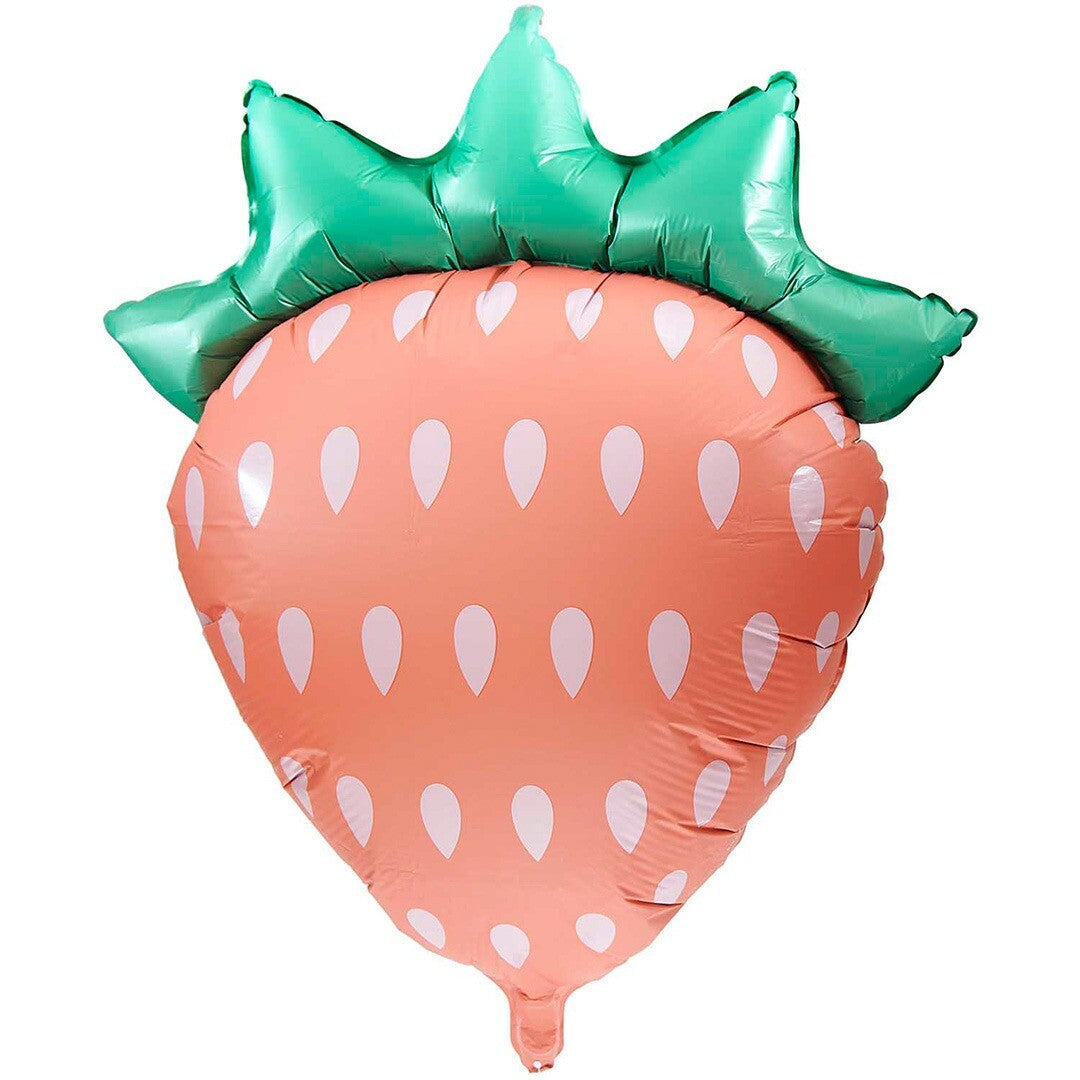 Rico Design aardbei folieballon met roze vrucht en groene blaadjes.