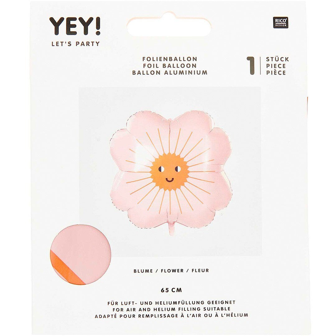 Verpakking van de Rico Design roze folieballon in de vorm van een bloem.