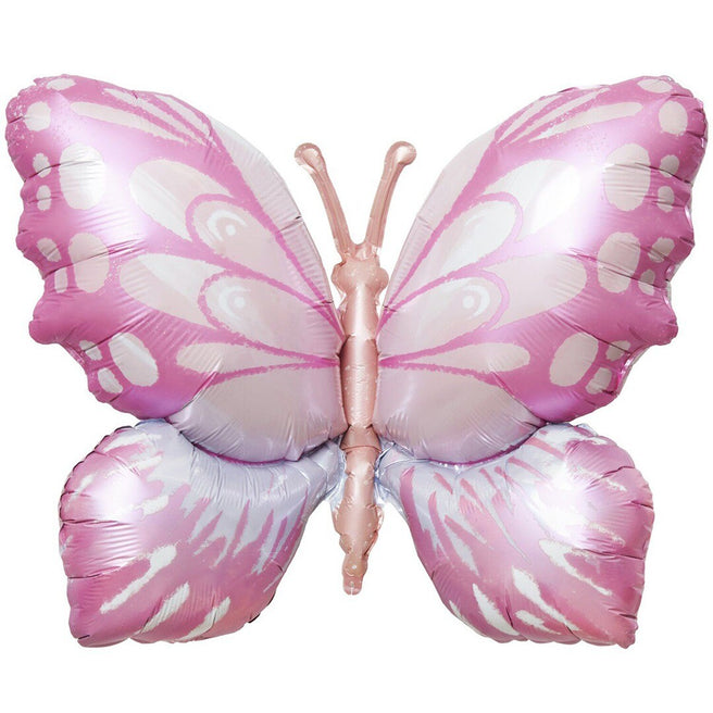 Roze folieballon in de vorm van een vlinder.