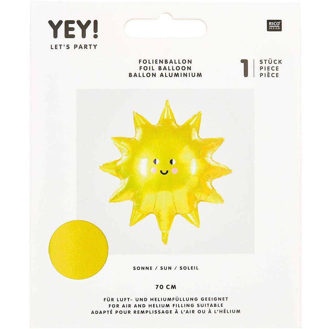 Verpakking van de Rico Design folieballon in de vorm van een gele zon.
