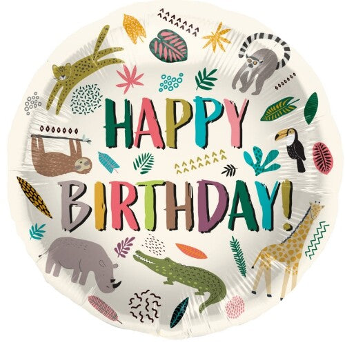 Ronde folieballon met 'Happy Birthday' tekst en jungle dieren zoals een luipaard, maki, luiaard, neushoorn, krokodil, toekan en giraffe.