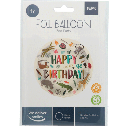 Verpakking van de Folat ronde folieballon met 'Happy Birthday' tekst en jungle dieren.