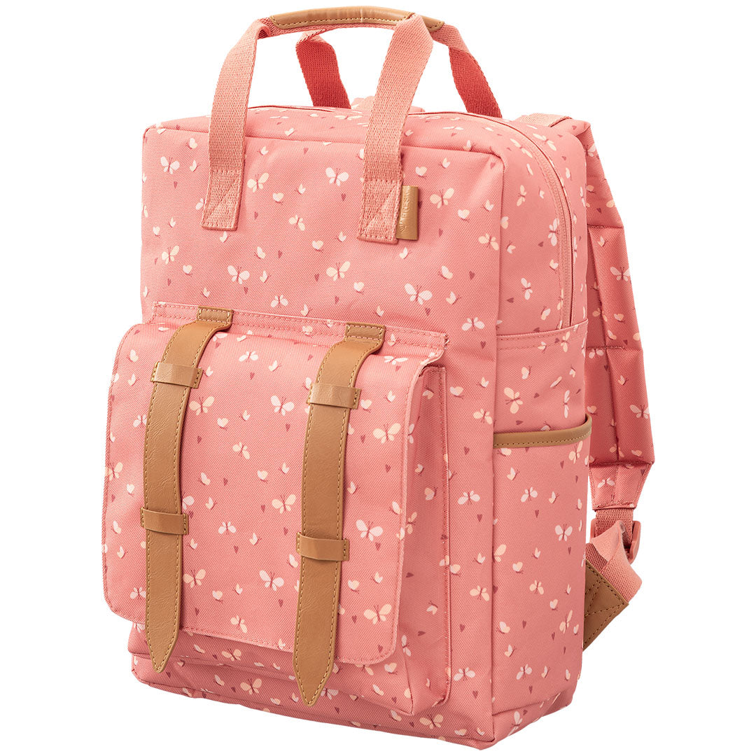 Fresk kinderrugzak met roze vlinderprint, schuin van voren.