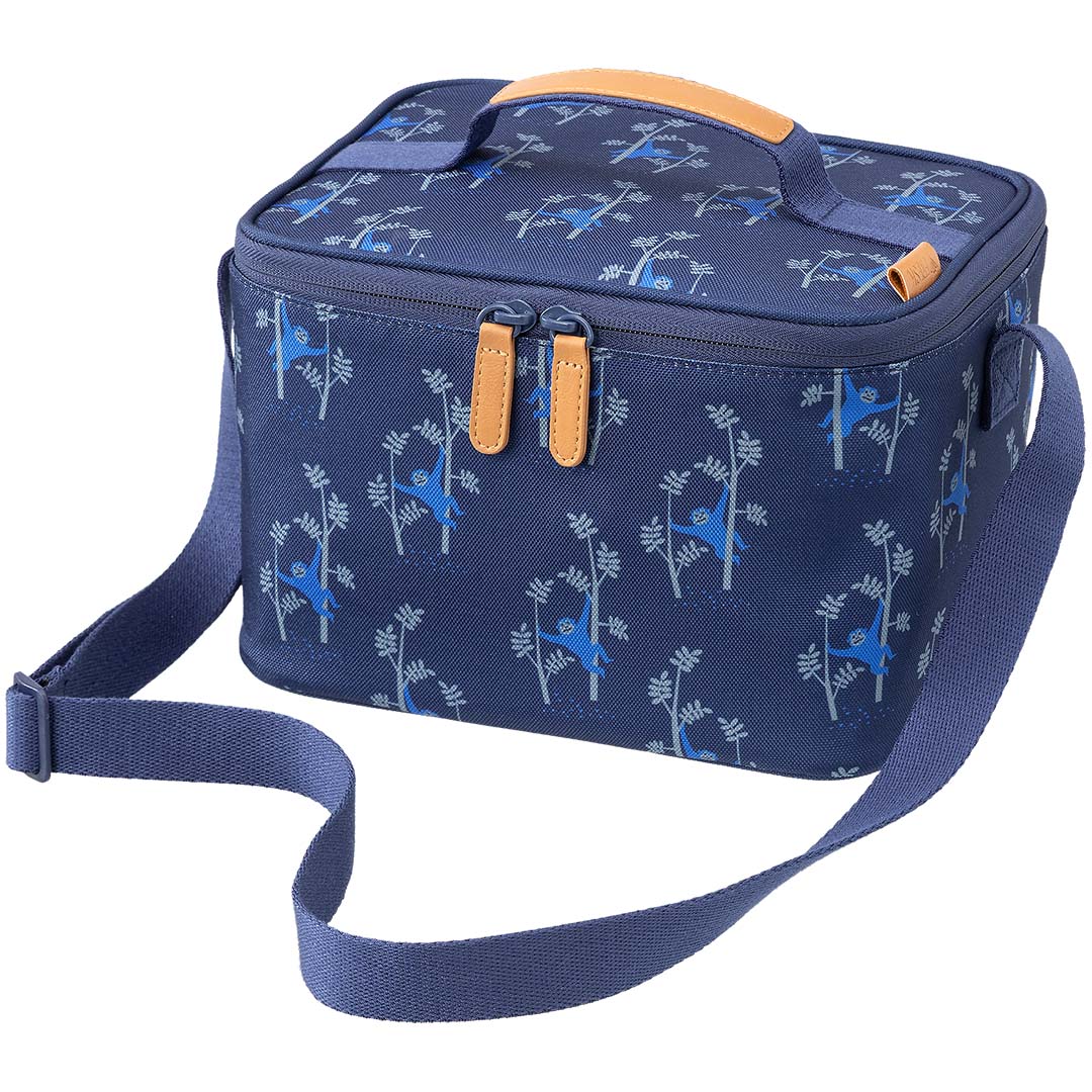Fresk marineblauwe koeltas met apenpatroon en schouderband.