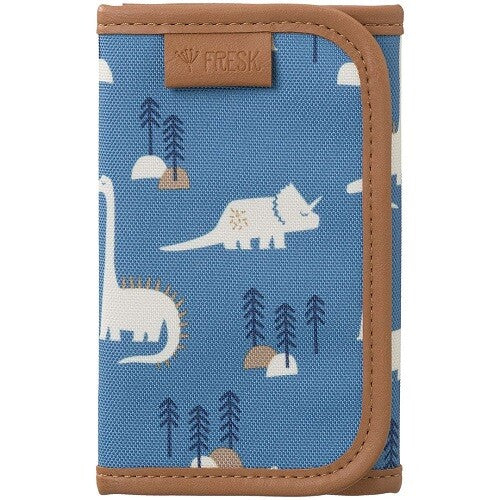 Fresk kinderportemonnee met blauw dinosauruspatroon, gesloten.