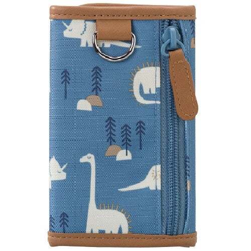 Kinderportemonnee met blauw dinosauruspatroon, van de zijkant met rits en D-ring.