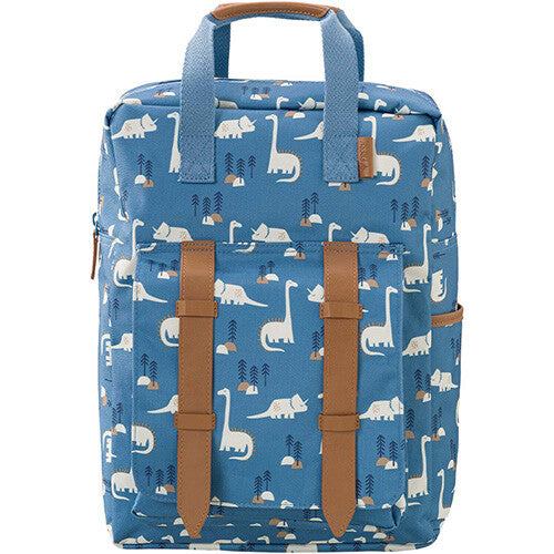fresk kinderrugtas in blauw met een dinosauruspatroon en bruine details.