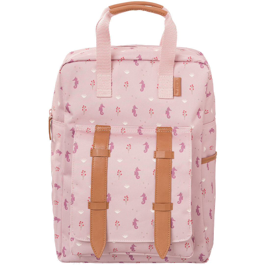 Fresk roze kinderrugtas met zeepaardjes en bladeren patroon.