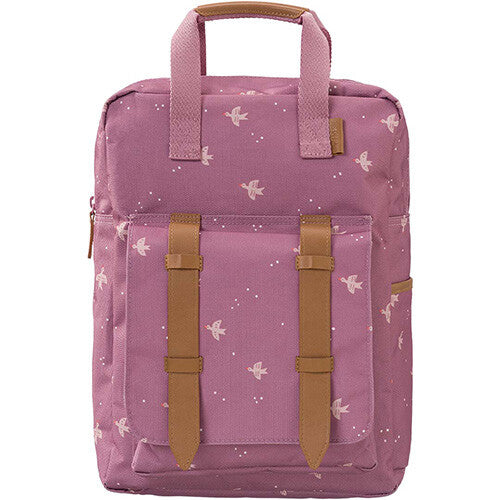 Fresk roze kinderrugtas met zwaluwpatroon en bruine kunstleren details.