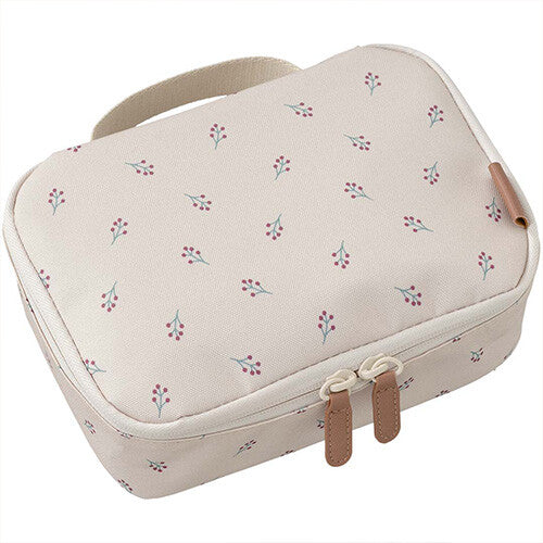 Fresk beige koeltas met besjespatroon en handvat.