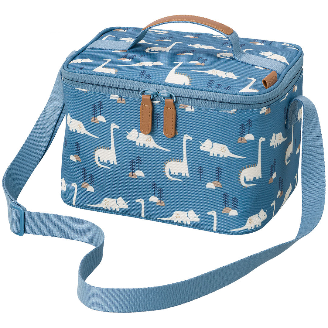 Fresk blauwe koeltas met dinopatroon, bruine handgreep en blauwe schouderband.