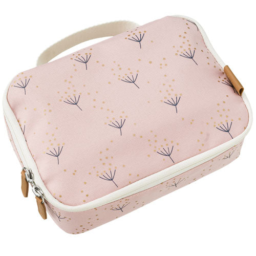 Fresk roze lunchtas voor kinderen met paardenbloem patroon.