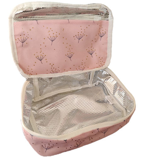 Open roze lunchtas voor kinderen met paardenbloem patroon en geïsoleerde binnenkant.