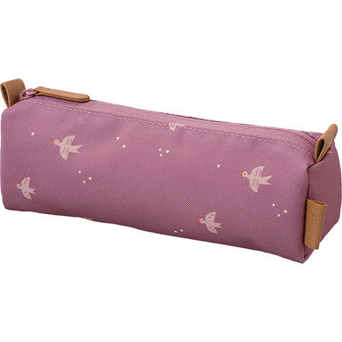 Fresk roze polyester pennenetui met een patroon van zwaluwen en stippen.