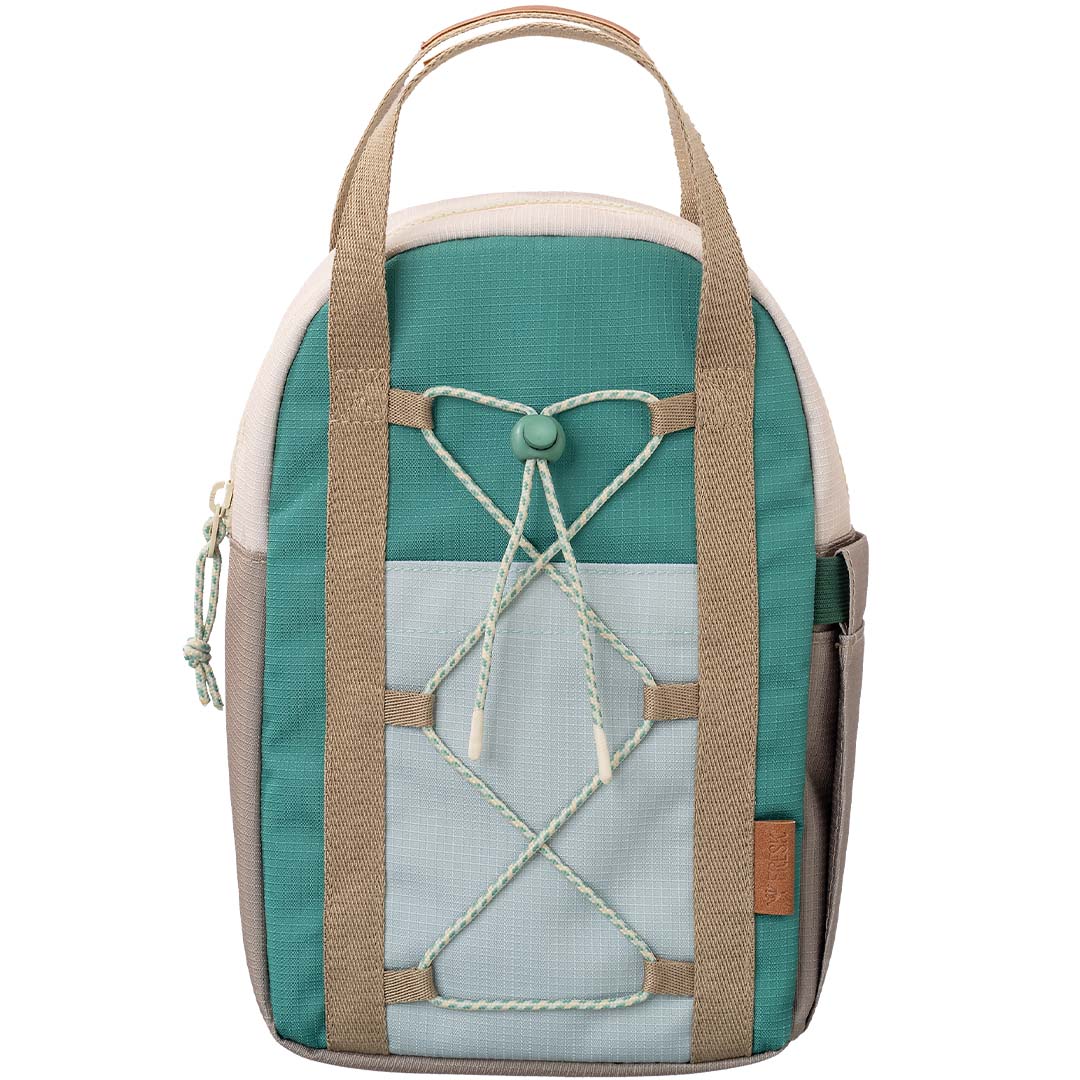 Fresk peuterrugzak in groen, lichtblauw en beige met een koord aan de voorkant.
