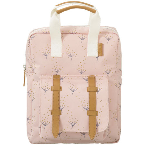 Fresk peuterrugzak in roze met paardenbloem patroon en bruine details.