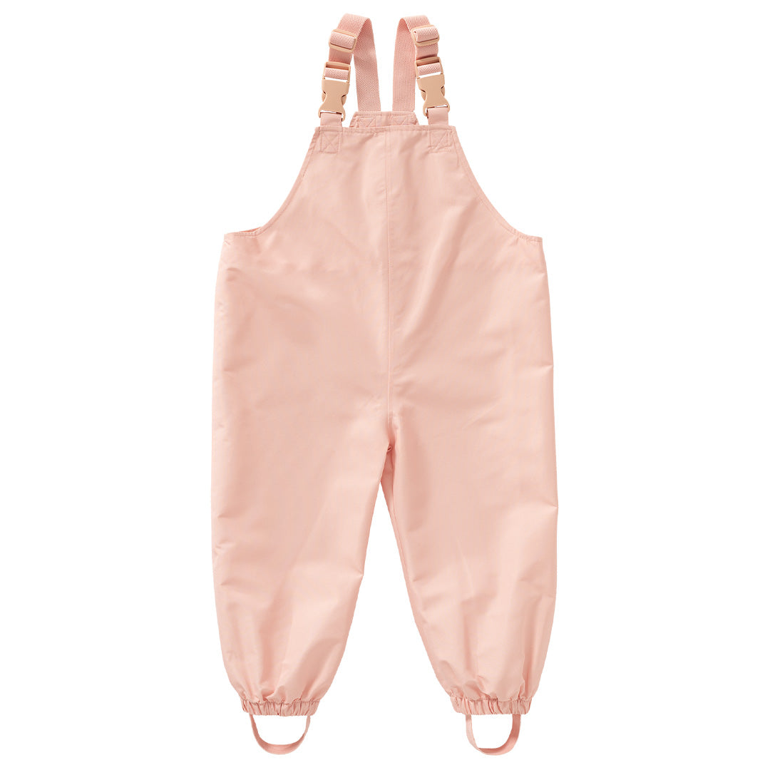 fresk roze waterdichte kinder regenbroek met verstelbare schouderbanden en voetlussen.