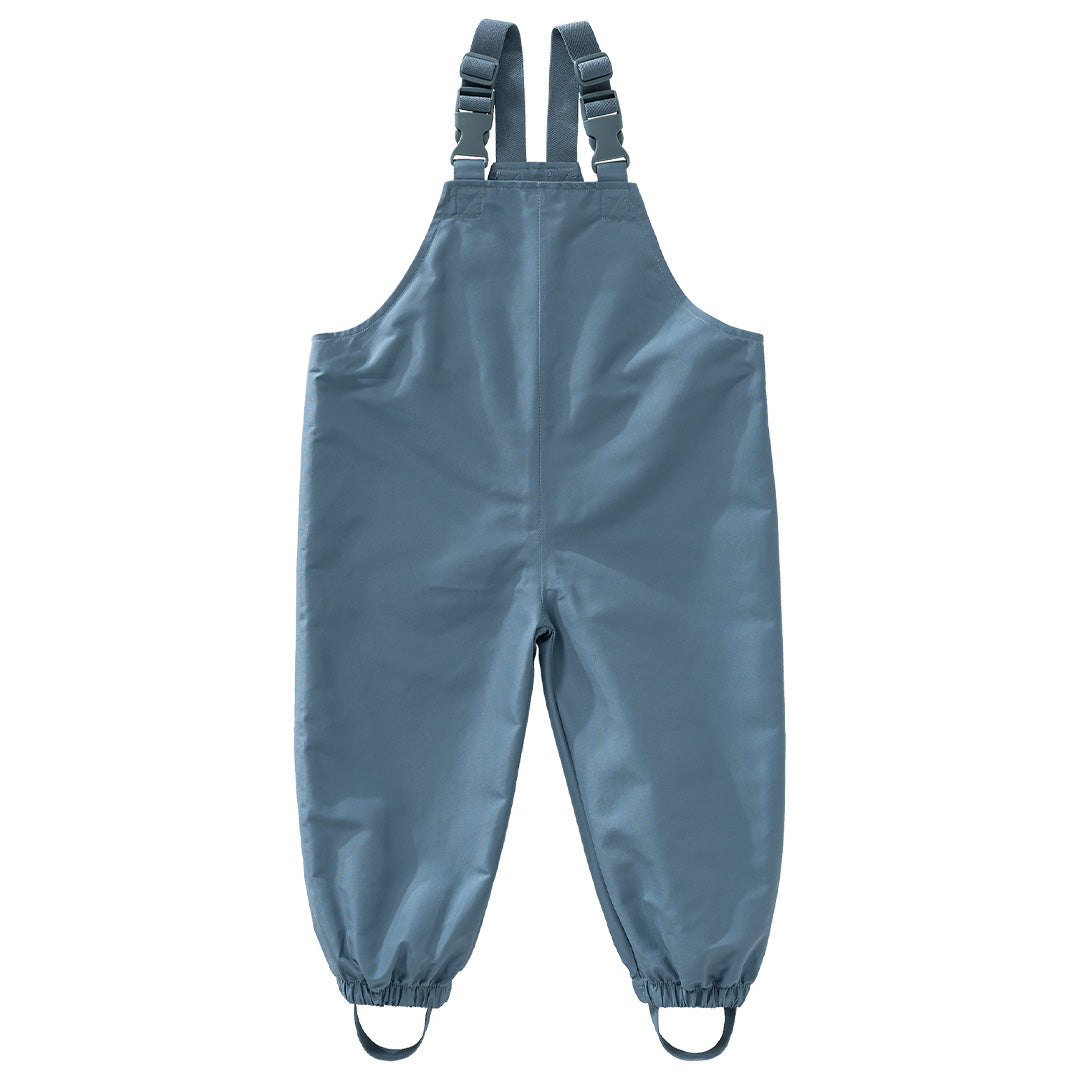 Fresk blauwe kinder regen- en speelbroek met verstelbare schouderbanden en elastische voetlussen.