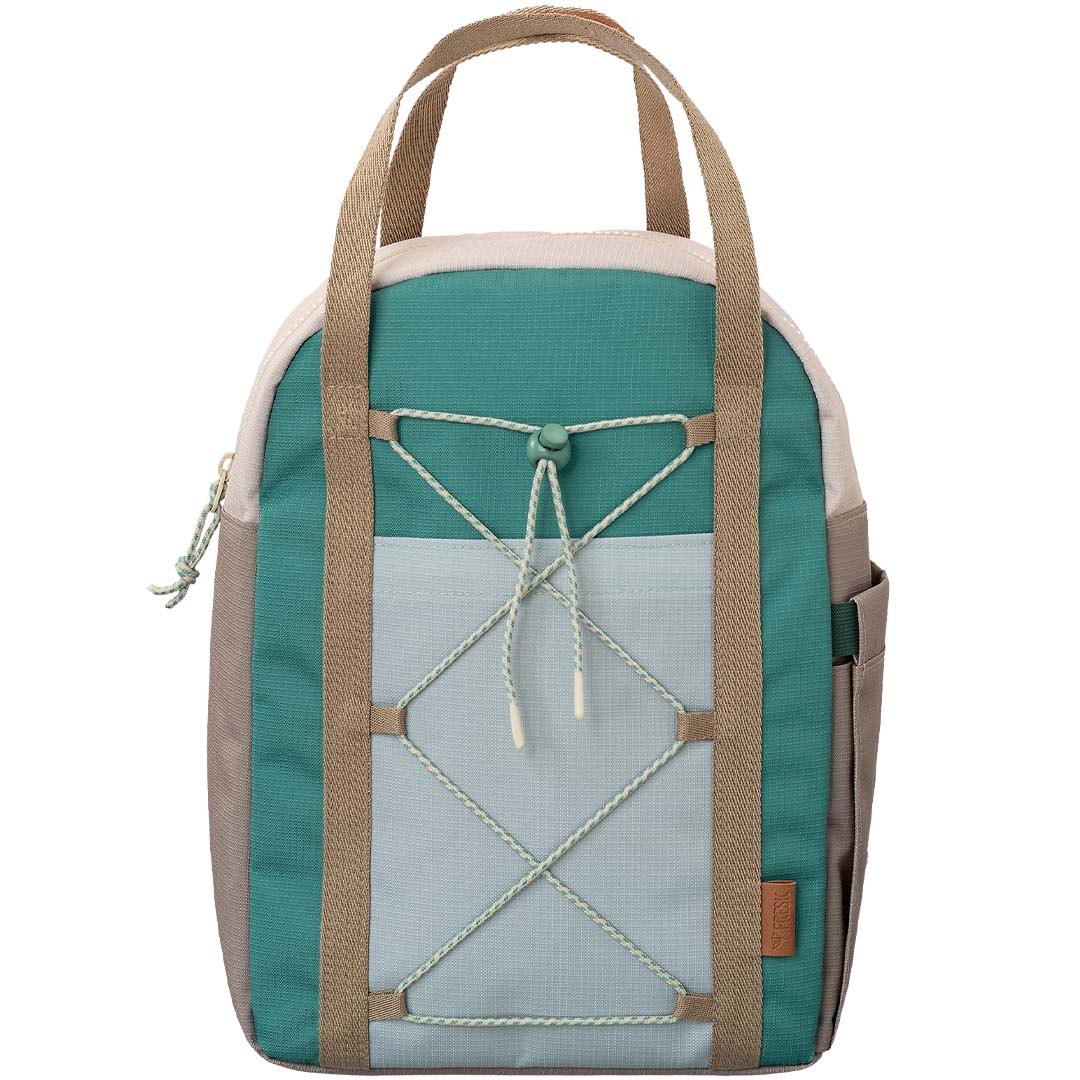 fresk schoolrugzak in teal, lichtblauw en beige met bungee koord aan de voorkant.