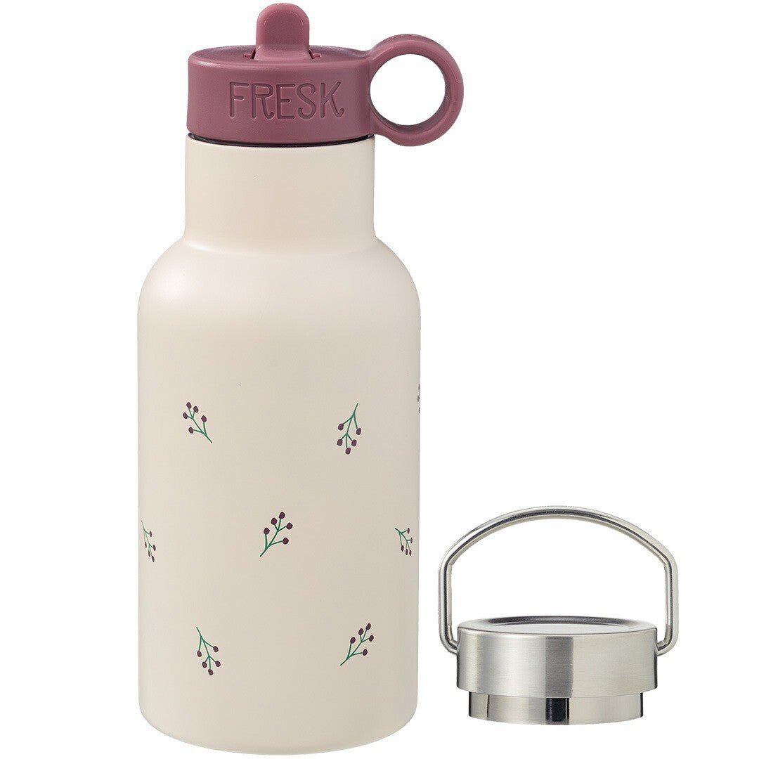 Fresk RVS thermosfles met besjespatroon, paarse dop en losse zilveren dop.