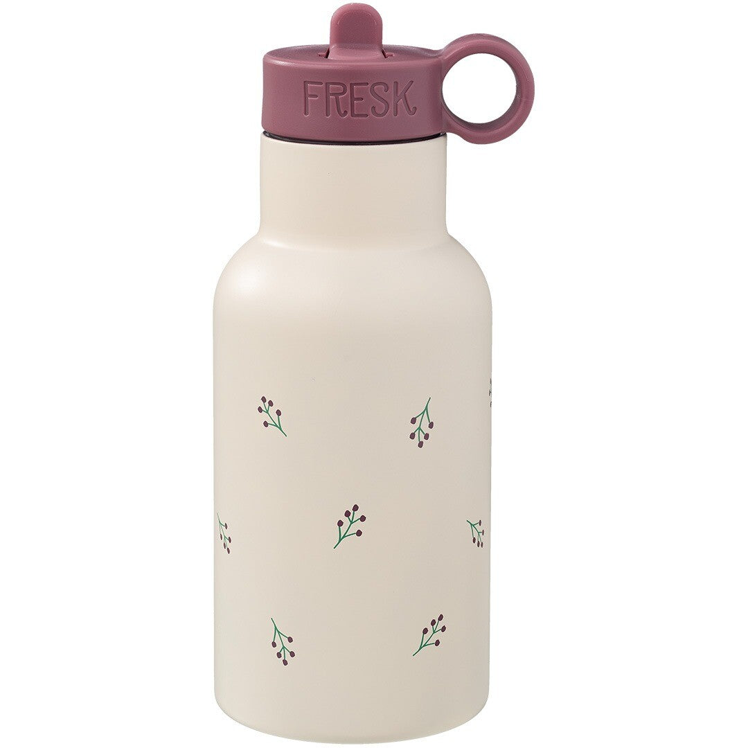 Fresk RVS thermosfles met besjespatroon en paarse dop met lus.