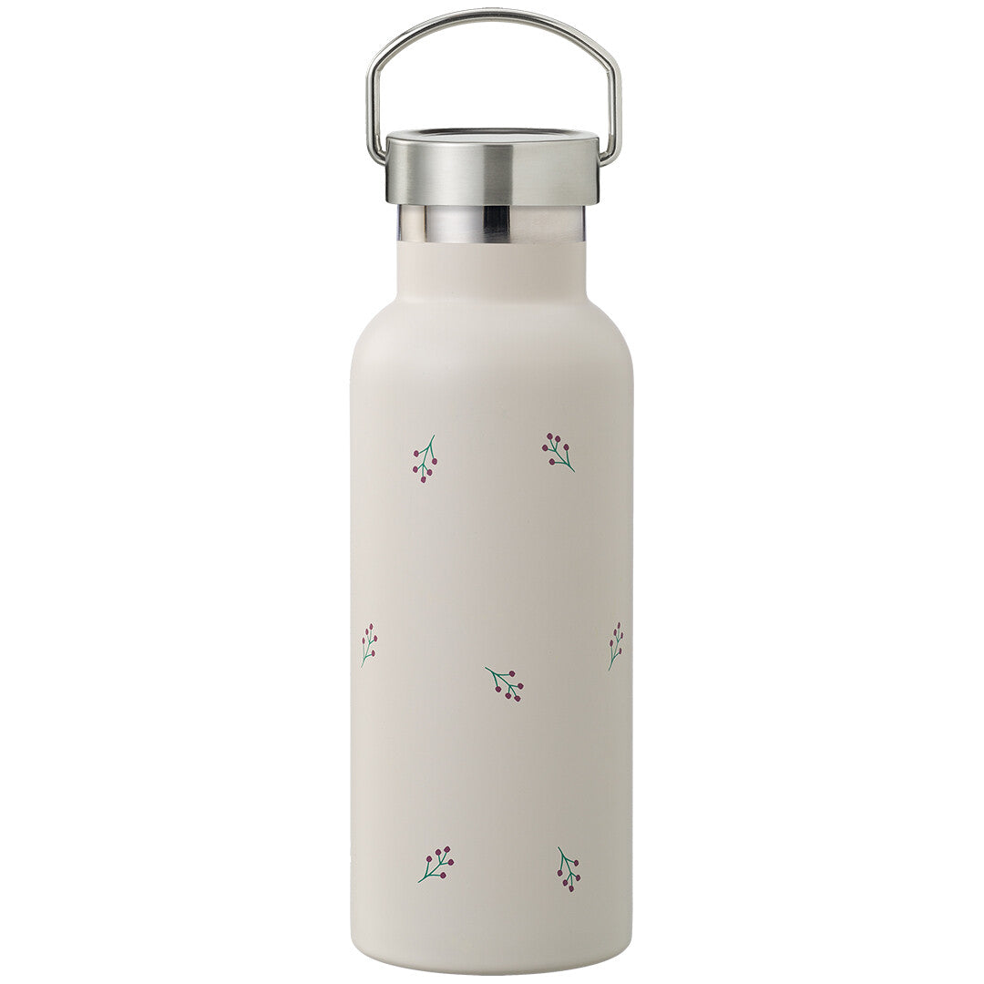 Beige thermosfles met besjespatroon en metalen dop met handvat.