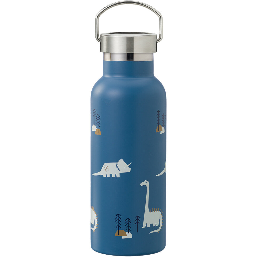 Fresk blauwe RVS thermosfles met dinopatroon en zilveren draaidop.
