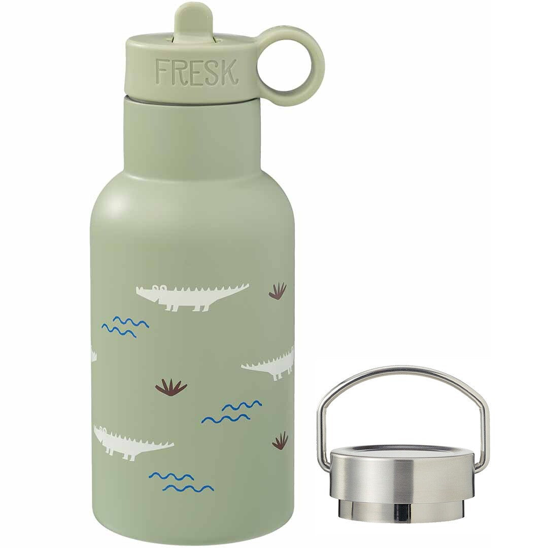 Fresk groene thermosfles met krokodillenpatroon, met groene drinkdop en losse metalen dop.