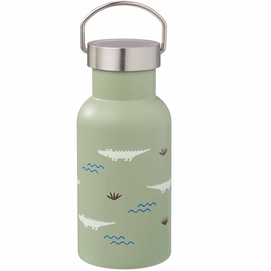 Fresk groene thermosfles met krokodillenpatroon en metalen dop met handvat.