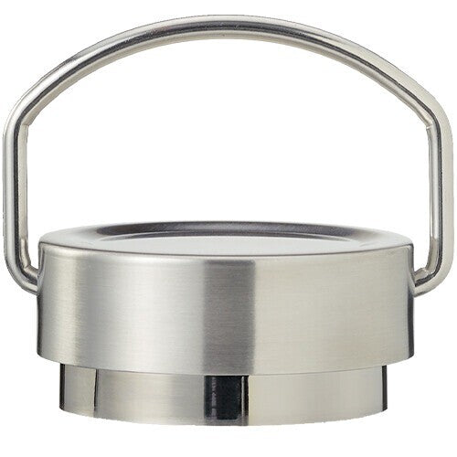 Detail van de zilverkleurige metalen dop met handvat voor de thermosfles.