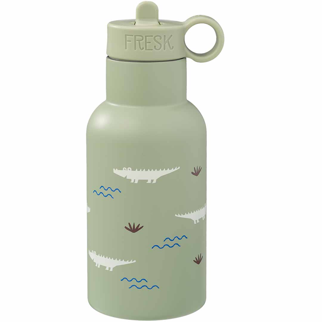 Fresk groene thermosfles met krokodillenpatroon en groene drinkdop.
