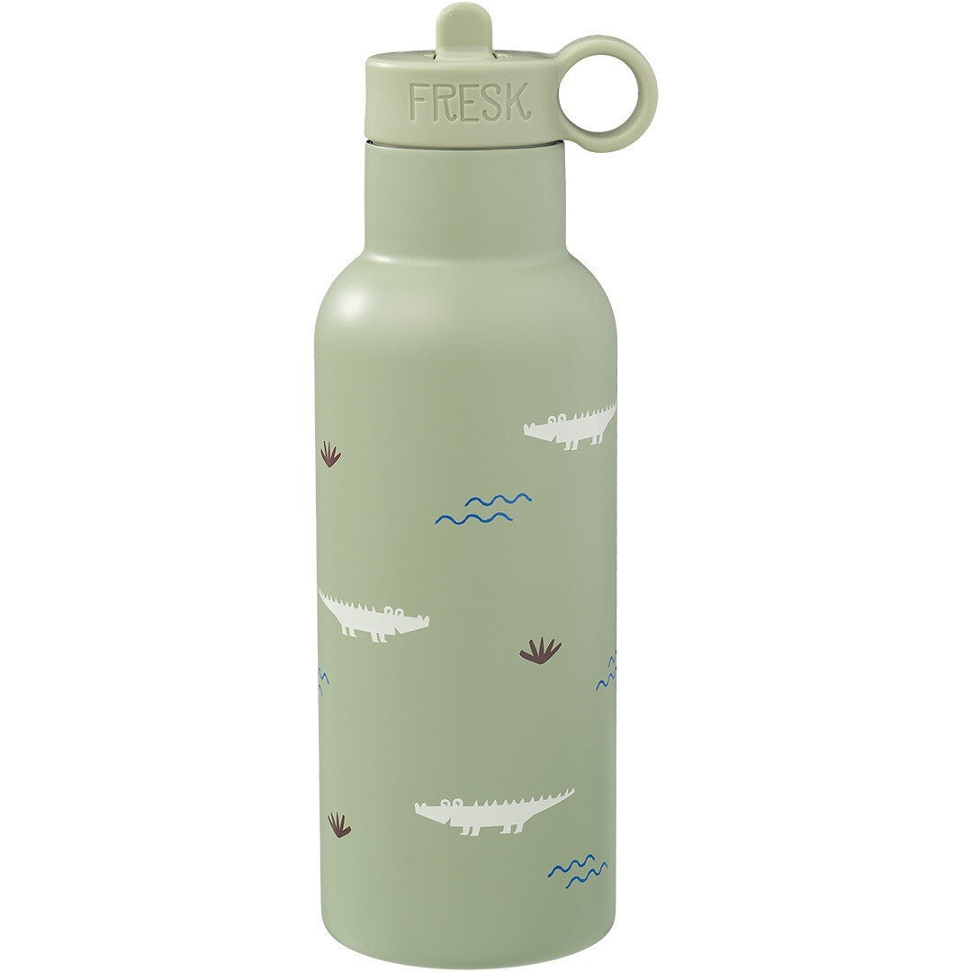 Fresk RVS thermosfles met krokodillenpatroon en lichtgroene dop met lus.