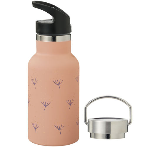 Fresk RVS thermosfles met paardenbloem patroon, zwarte rietjesdop en losse zilverkleurige draagdop.