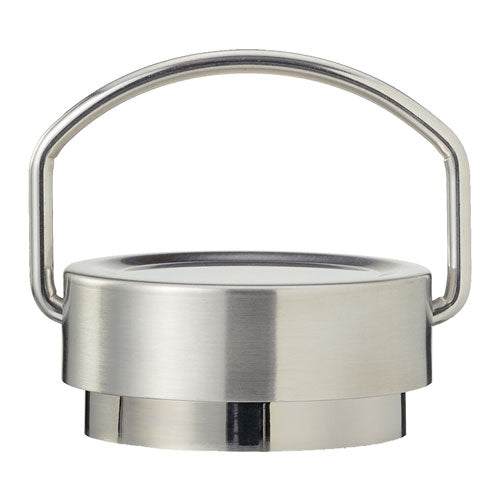 Zilverkleurige draagdop met handvat voor een thermosfles.