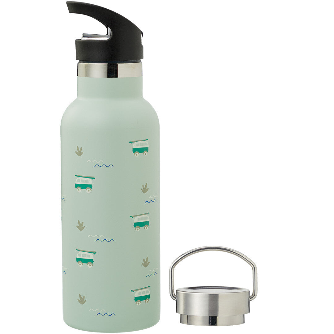 Fresk groene thermosfles met campervan-patroon en twee doppen, waarvan één met drinktuit.