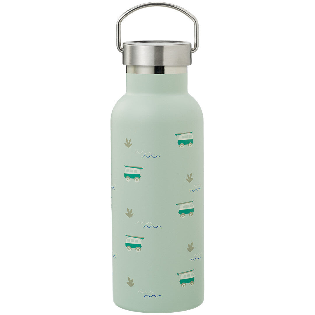 Fresk groene thermosfles met campervan-patroon en zilveren draagbeugel dop.