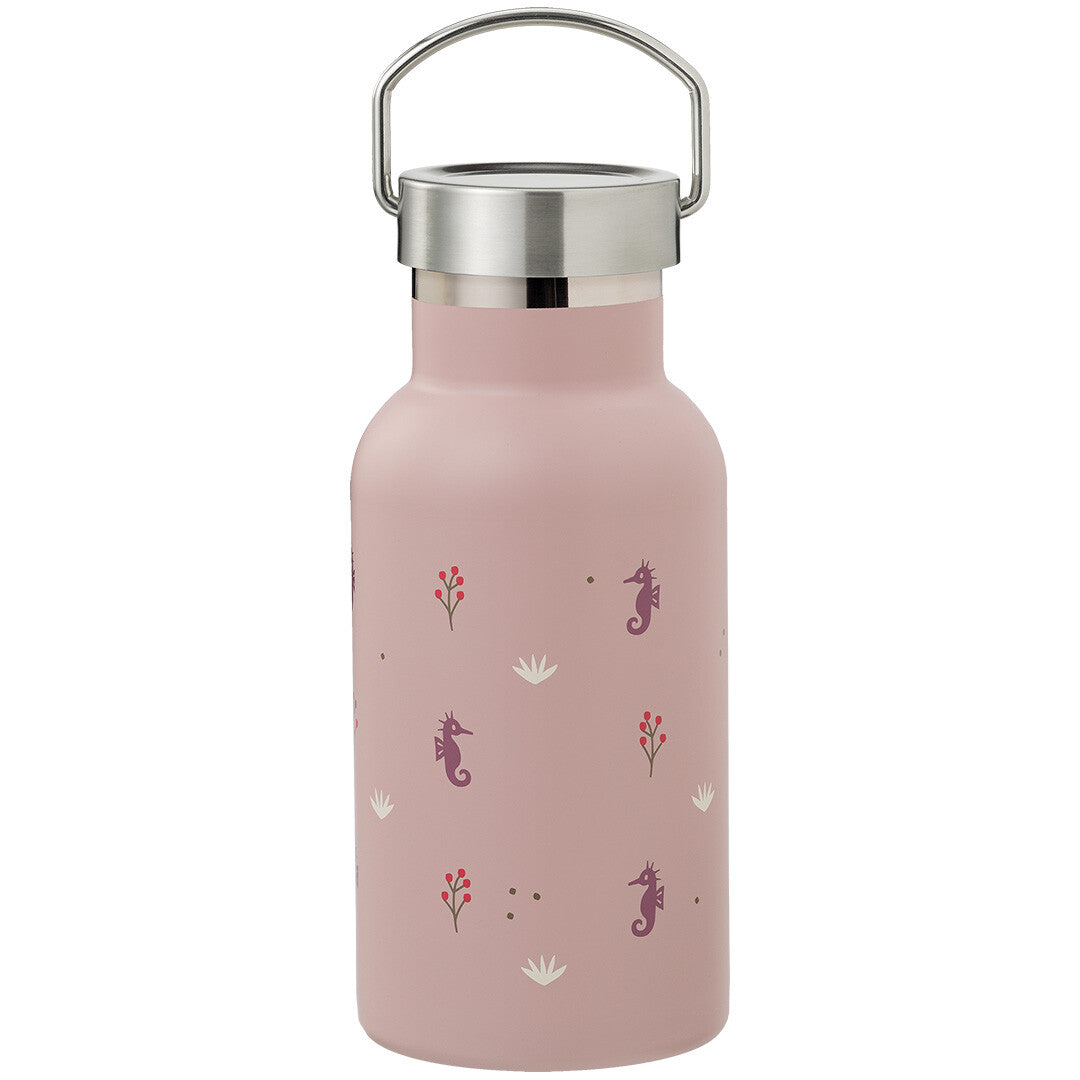 Fresk roze thermosfles met zeepaardjespatroon en zilveren schroefdop met handvat.