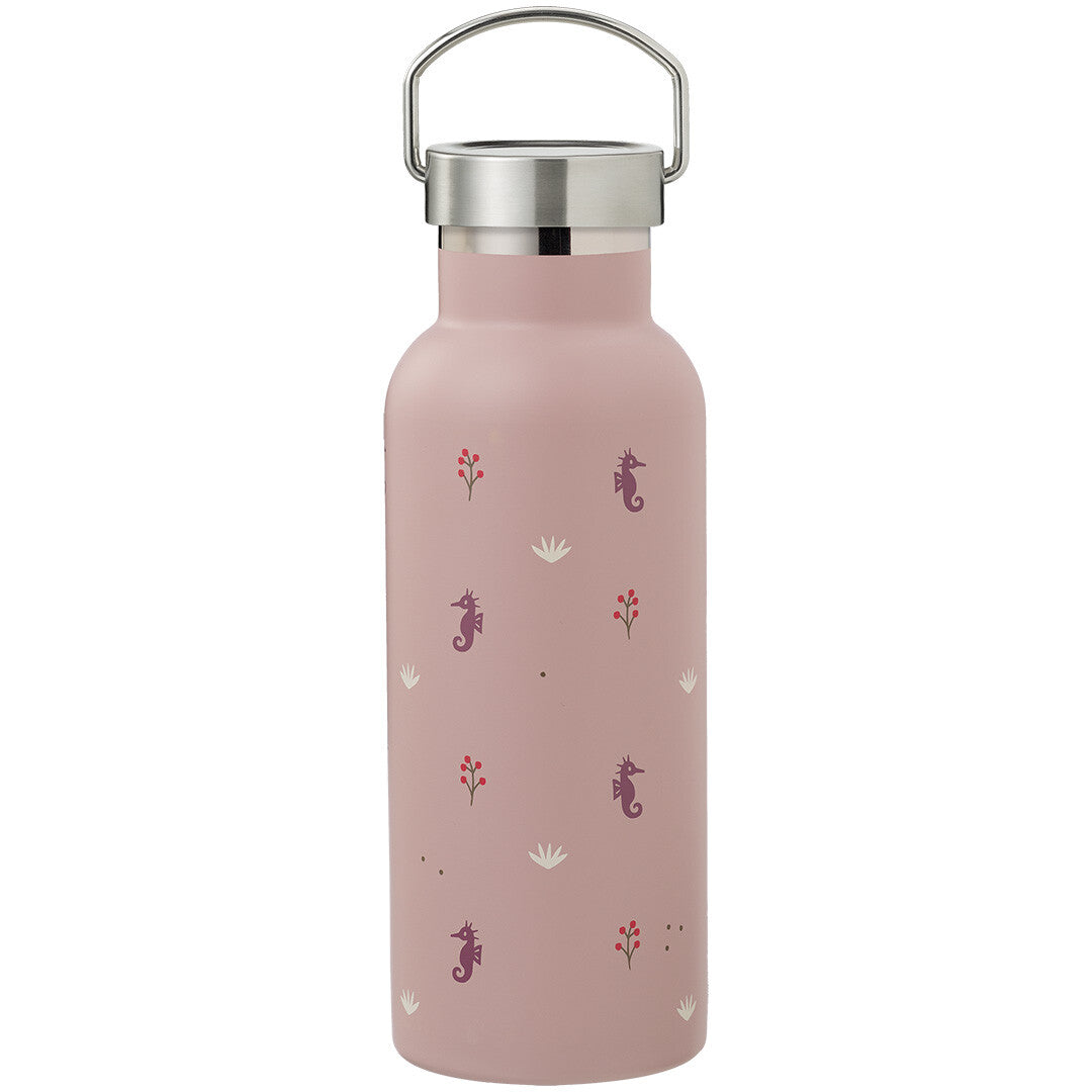 Roze thermosfles met zeepaardjespatroon en zilverkleurige metalen dop met handvat.