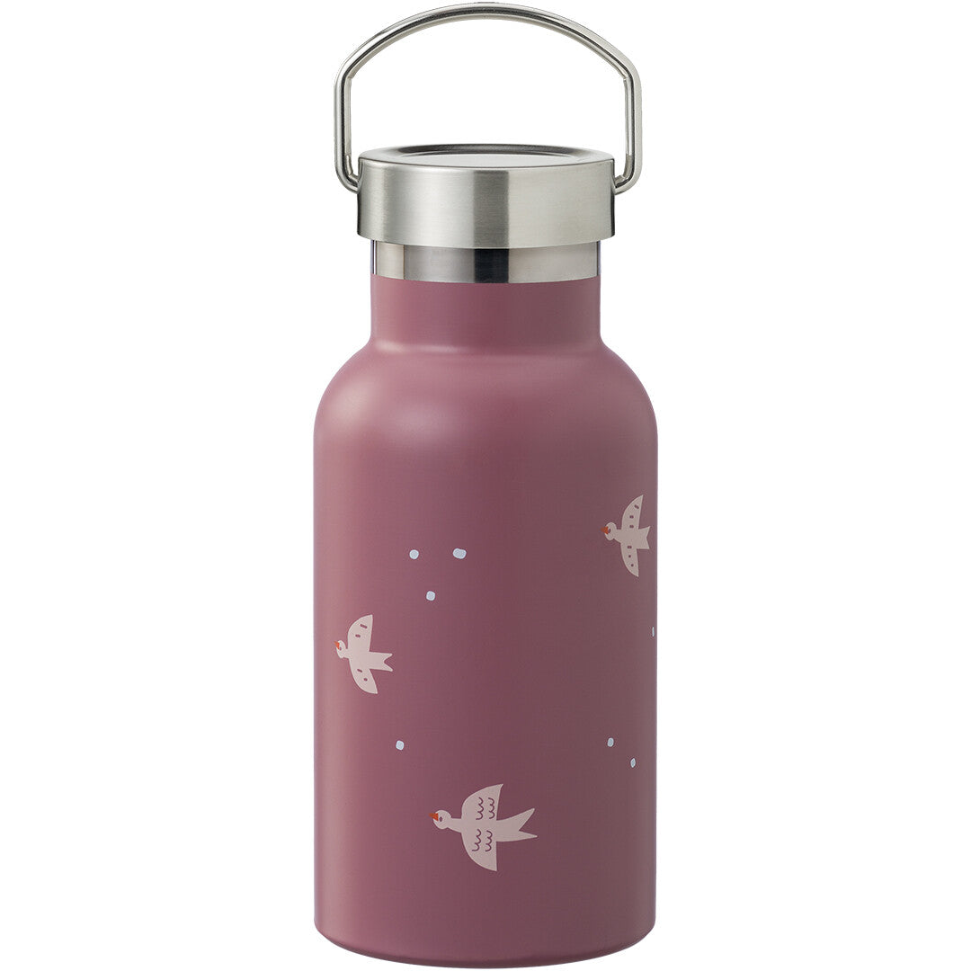 Fresk roze rvs thermosfles met zwaluwpatroon en zilveren dop met handvat.