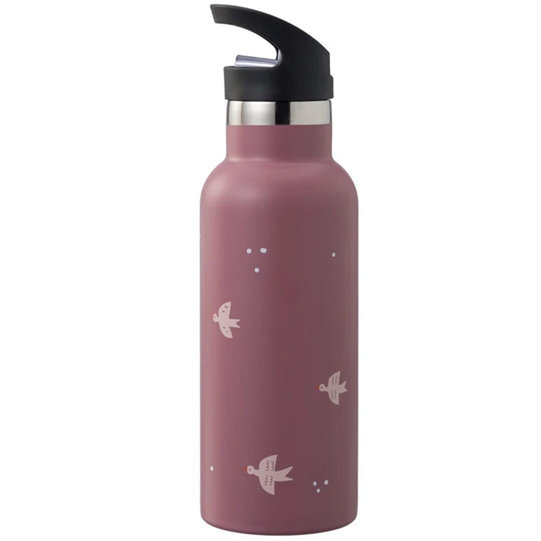 fresk roze thermosfles met zwarte sportdop en wit zwaluwenpatroon.