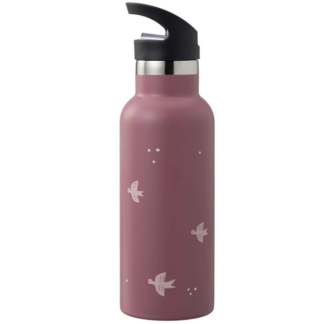 fresk roze thermosfles met zwarte sportdop en wit zwaluwenpatroon.