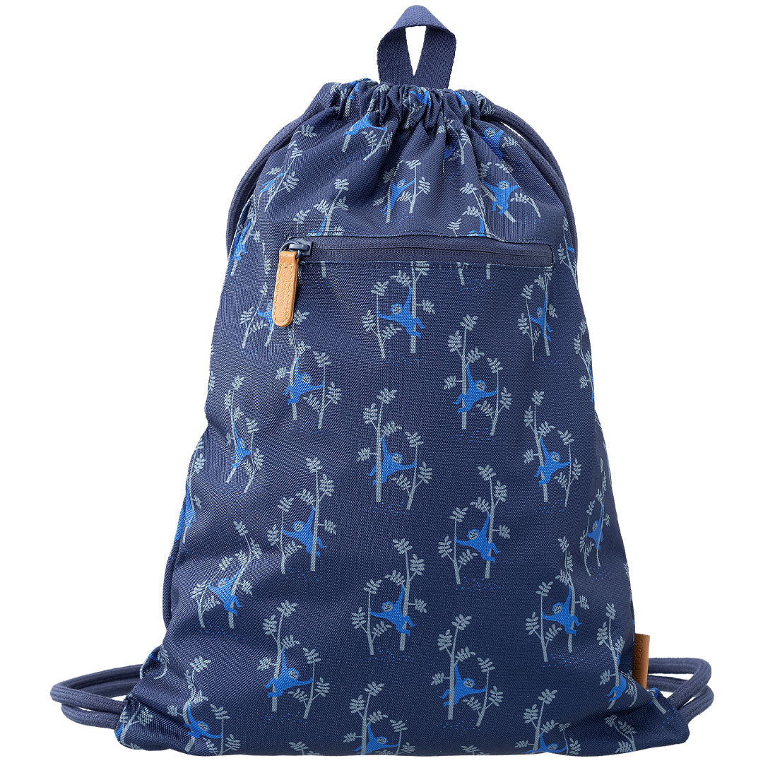Fresk marineblauwe kinderzwemtas met apenprint en een ritsvak aan de voorkant.