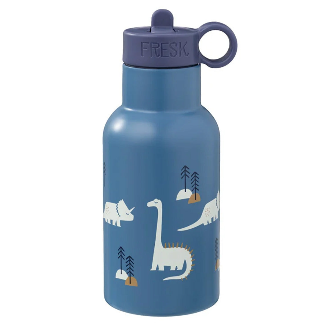 Fresk blauwe roestvrijstalen thermosfles met paarse dop en dinopatroon.