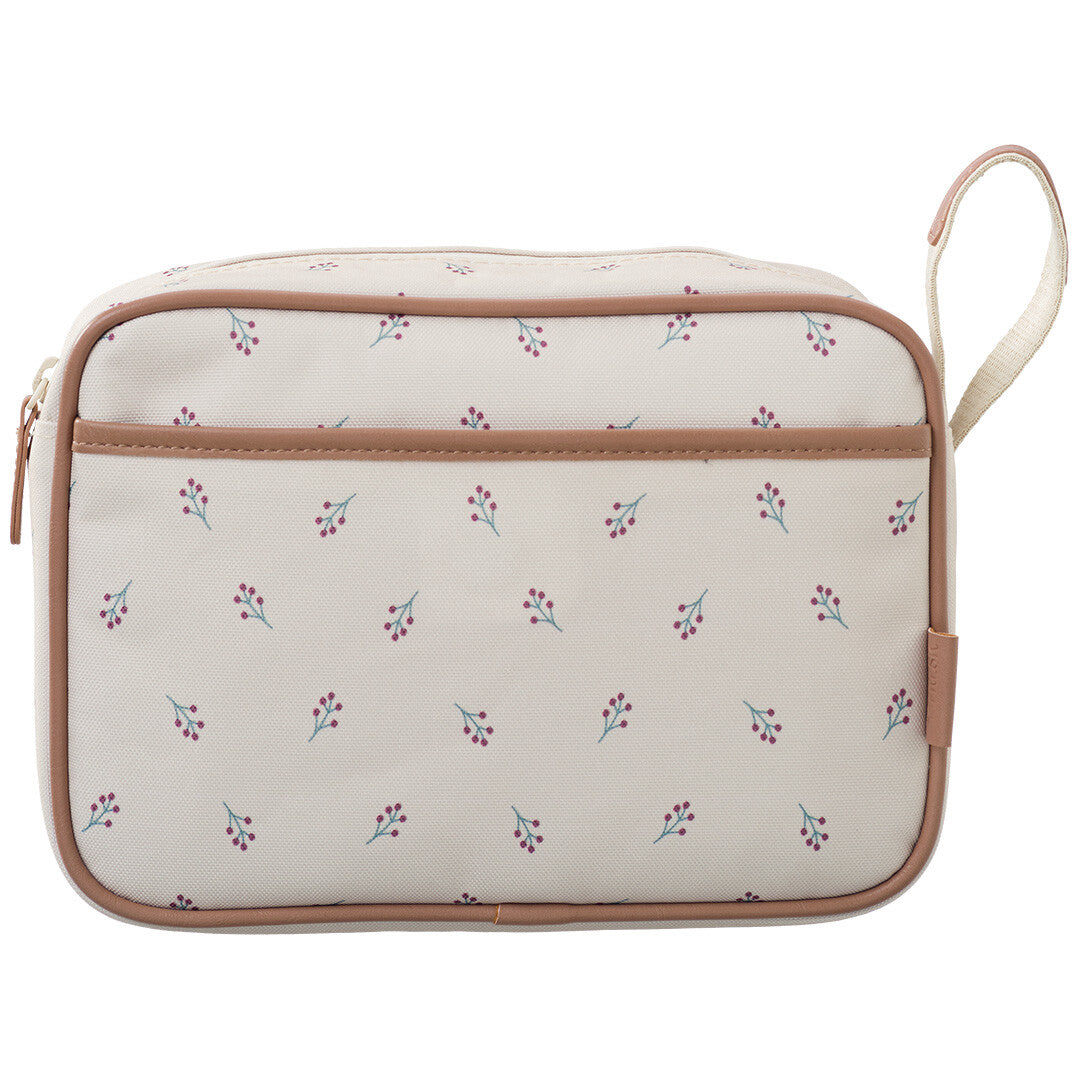 Fresk beige toilettas met besjespatroon en handvat, vooraanzicht.