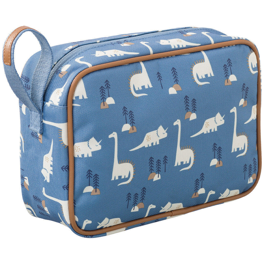 Schuine weergave van de blauwe toilettas met dinosaurusprint en een handvat.