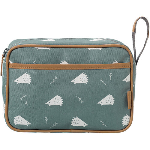 Fresk groene toilettas met egelpatroon en bruine details.