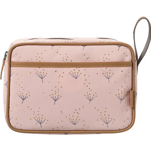 Fresk roze toilettas met paardenbloem patroon, bruine accenten en een handvat.
