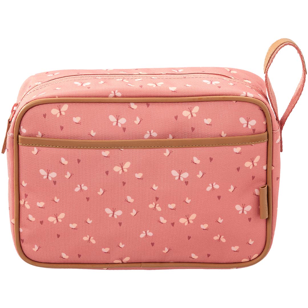 Fresk roze toilettas met vlinder- en hartenpatroon en een extern vak.